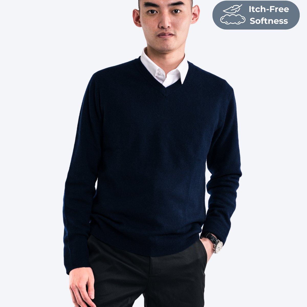 v neck sweater with dress shirt Men’s Navy Cashmere V Neck Jumper Large